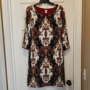 Chico's Reversible Black, Gold & Red Patterned 3/4 Sleeve Dress